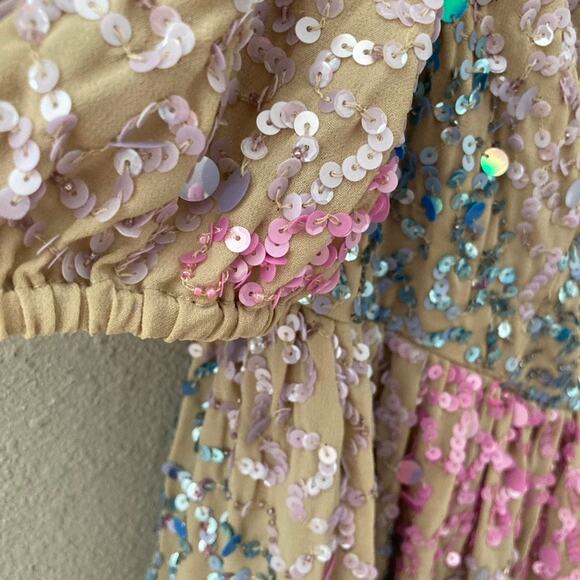 Maya Deluxe NEW Puff Sleeve Sequin Embellished Mini Dress - Gold Multi - 6 - Picture 5 of 10